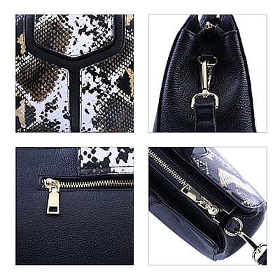 Hong Kong Closeout Collection Black and Brown Snakeskin Print Genuine Leather Convertible Tote Bag with Flap Lock & Zip Closure