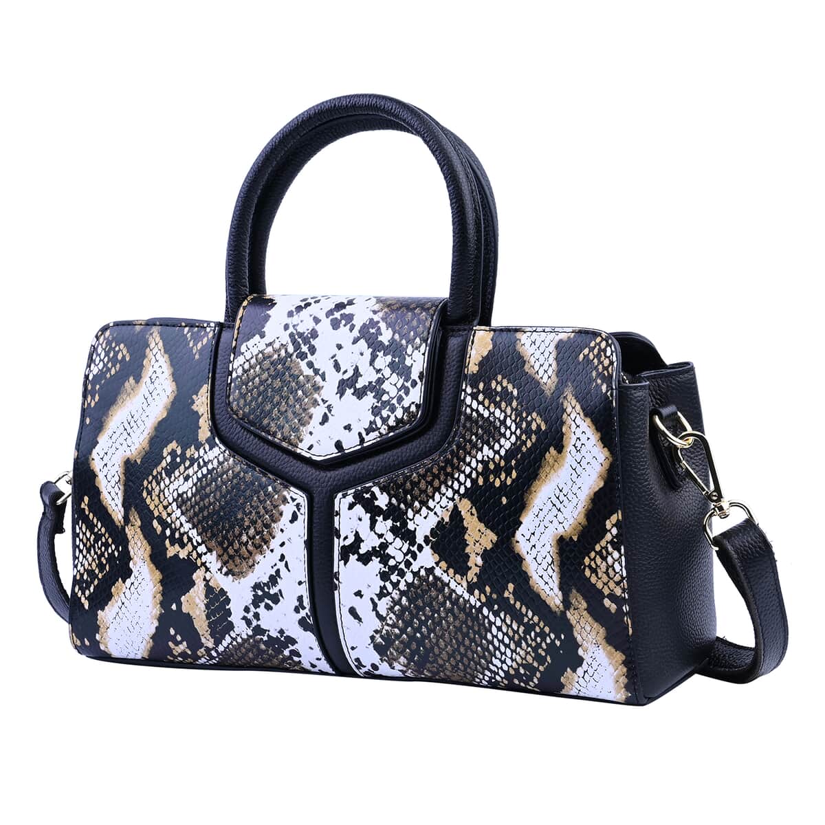 Hong Kong Closeout Collection Black and Brown Snakeskin Print Genuine Leather Convertible Bag with Flap Lock & Zip Closure (12.2"x3.5"x7.096") image number 5