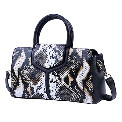 Hong Kong Closeout Collection Black and Brown Snakeskin Print Genuine Leather Convertible Tote Bag with Flap Lock & Zip Closure
