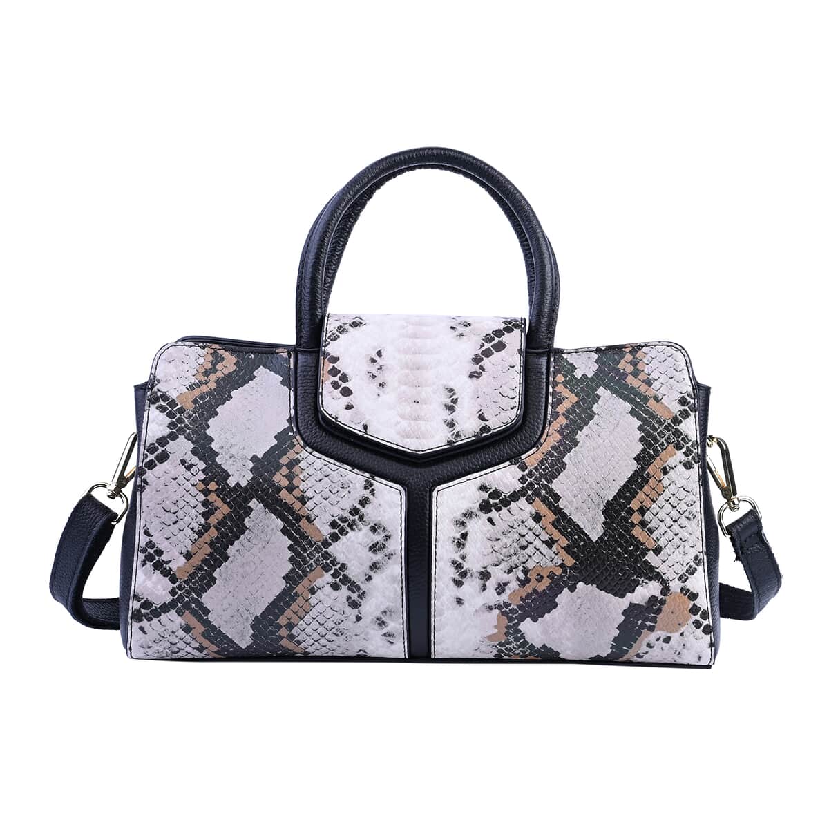 Hong Kong Closeout Collection Black and White Snakeskin Print Genuine Leather Convertible Tote Bag with Flap Lock & Zip Closure image number 0