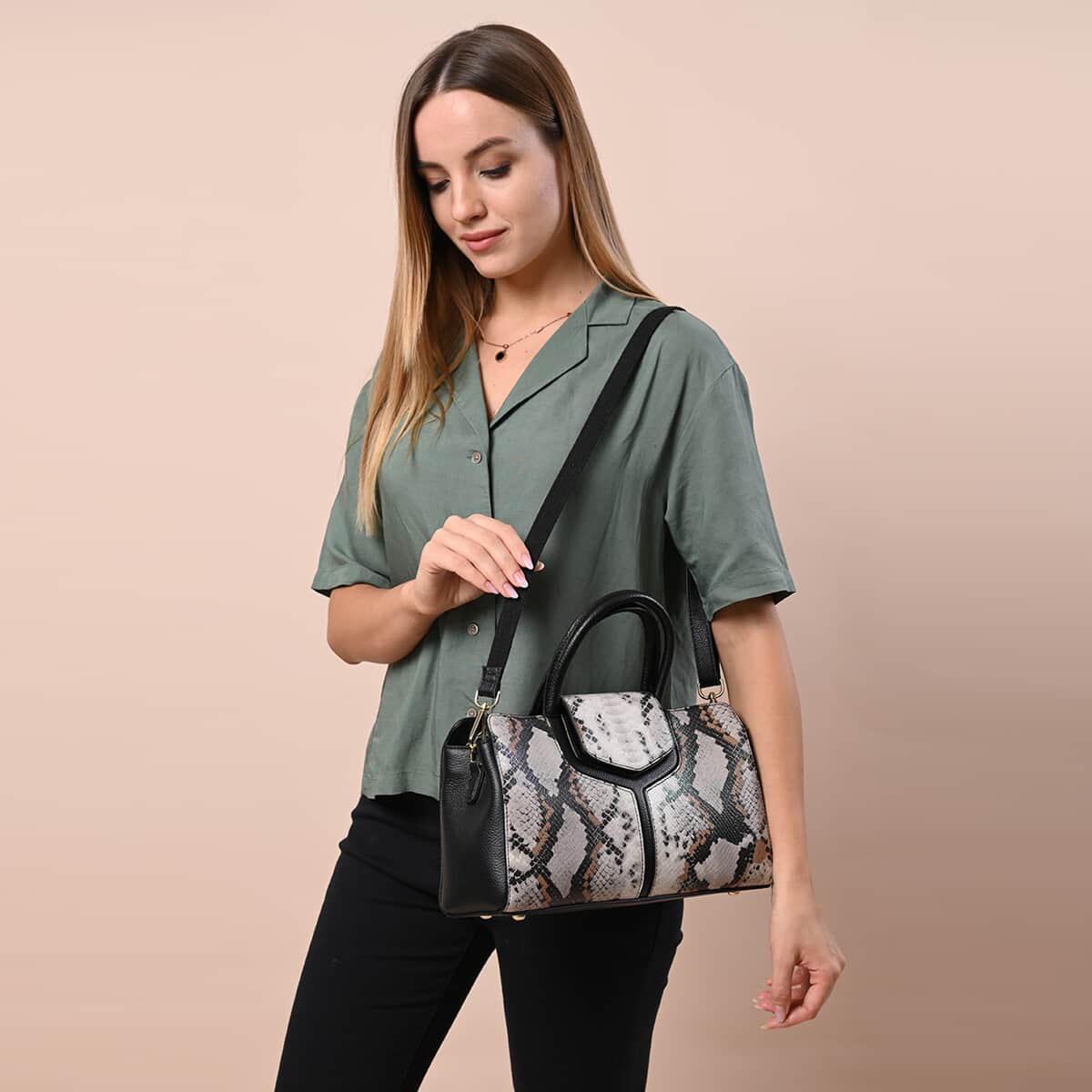 Hong Kong Closeout Collection Black and White Snakeskin Print Genuine Leather Convertible Tote Bag with Flap Lock & Zip Closure image number 1