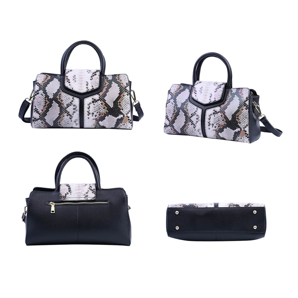 Hong Kong Closeout Collection Black and White Snakeskin Print Genuine Leather Convertible Tote Bag with Flap Lock & Zip Closure image number 3