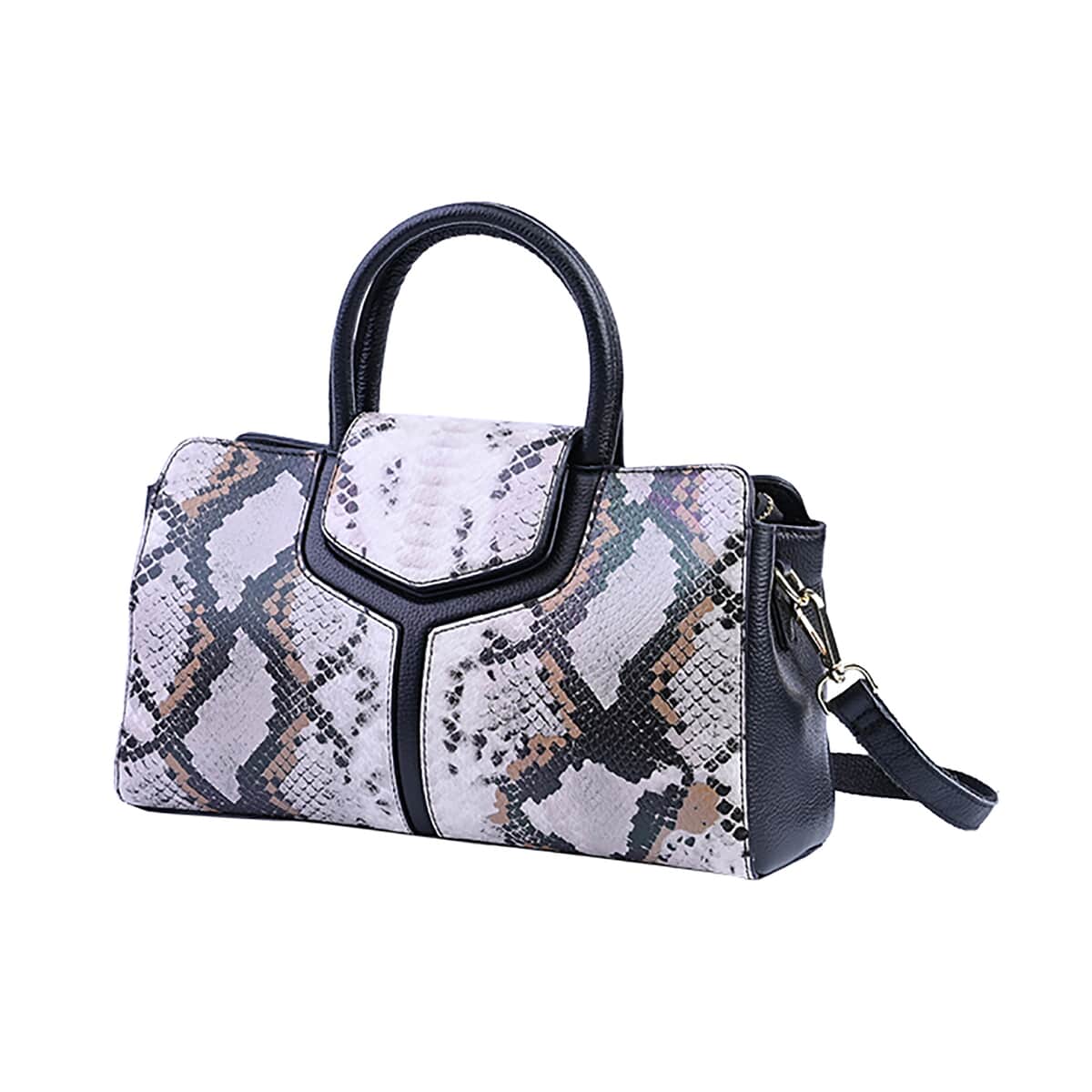 Hong Kong Closeout Collection Black and White Snakeskin Print Genuine Leather Convertible Tote Bag with Flap Lock & Zip Closure image number 4