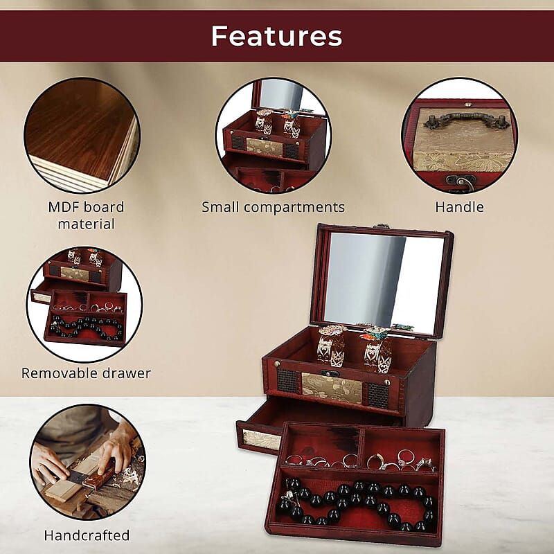 MDF 3 Layer Golden Floral Embossed Pattern Wooden Jewelry Box, Jewelry Storage Box for Women, Jewelry Case, Jewelry Organizer