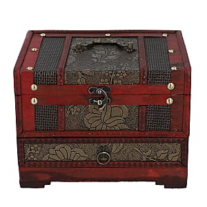 3 Layer Antique Copper Floral Embossed Pattern Wooden Jewelry Box