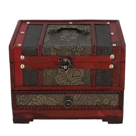 3 Layer Antique Copper Floral Embossed Pattern Wooden Jewelry Box image number 0