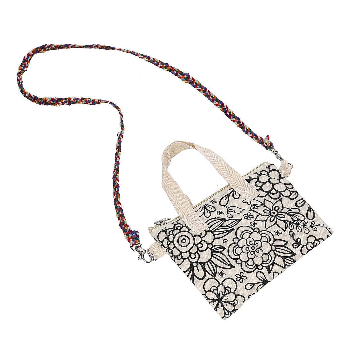 Hand Printed White & Black Canvas Bag with Detachable Shoulder Strap (7.5"x0.4"x5.5") image number 1