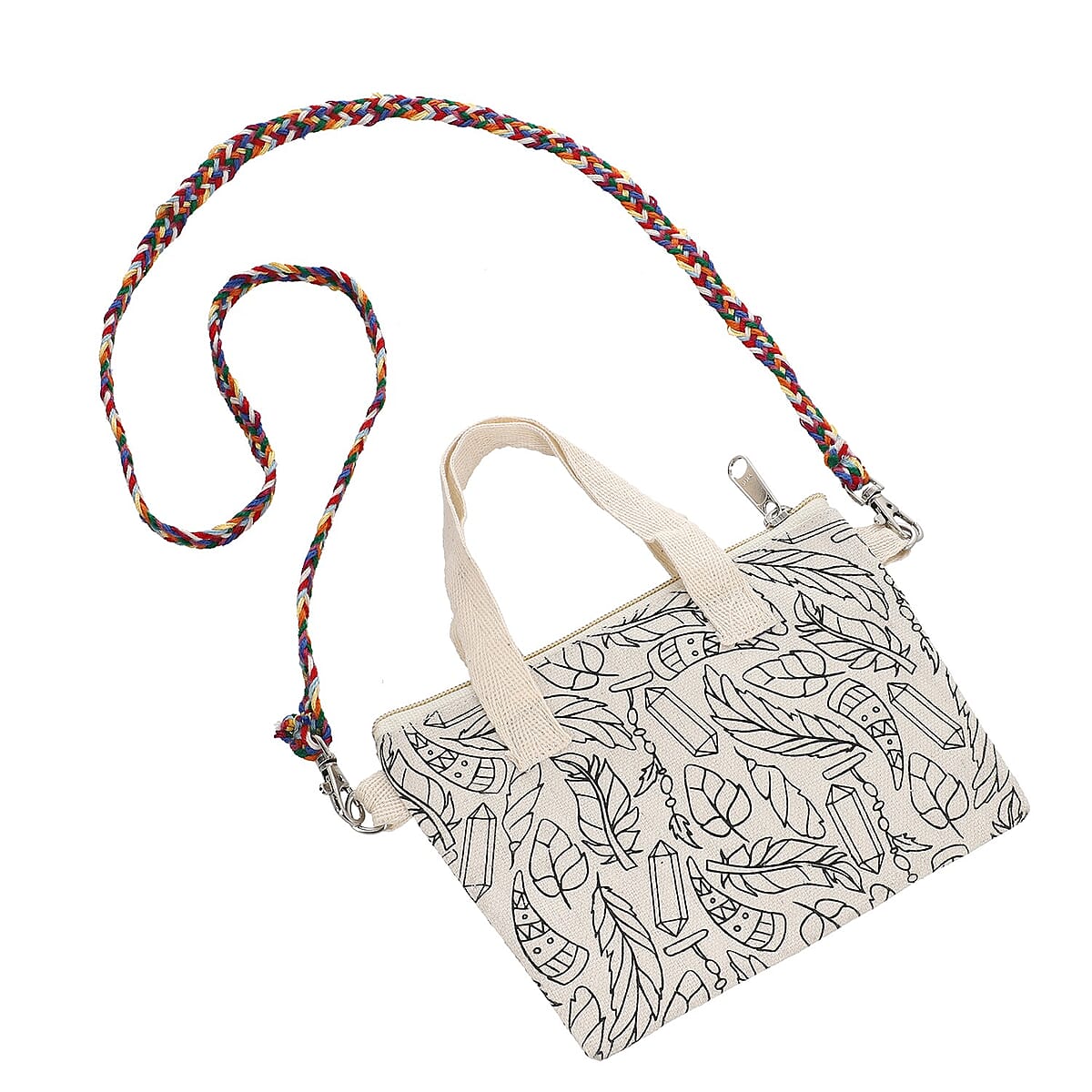 Hand Printed White & Black Leaf Pattern Canvas Bag with Paint Brush and Organic Primary Colors image number 1
