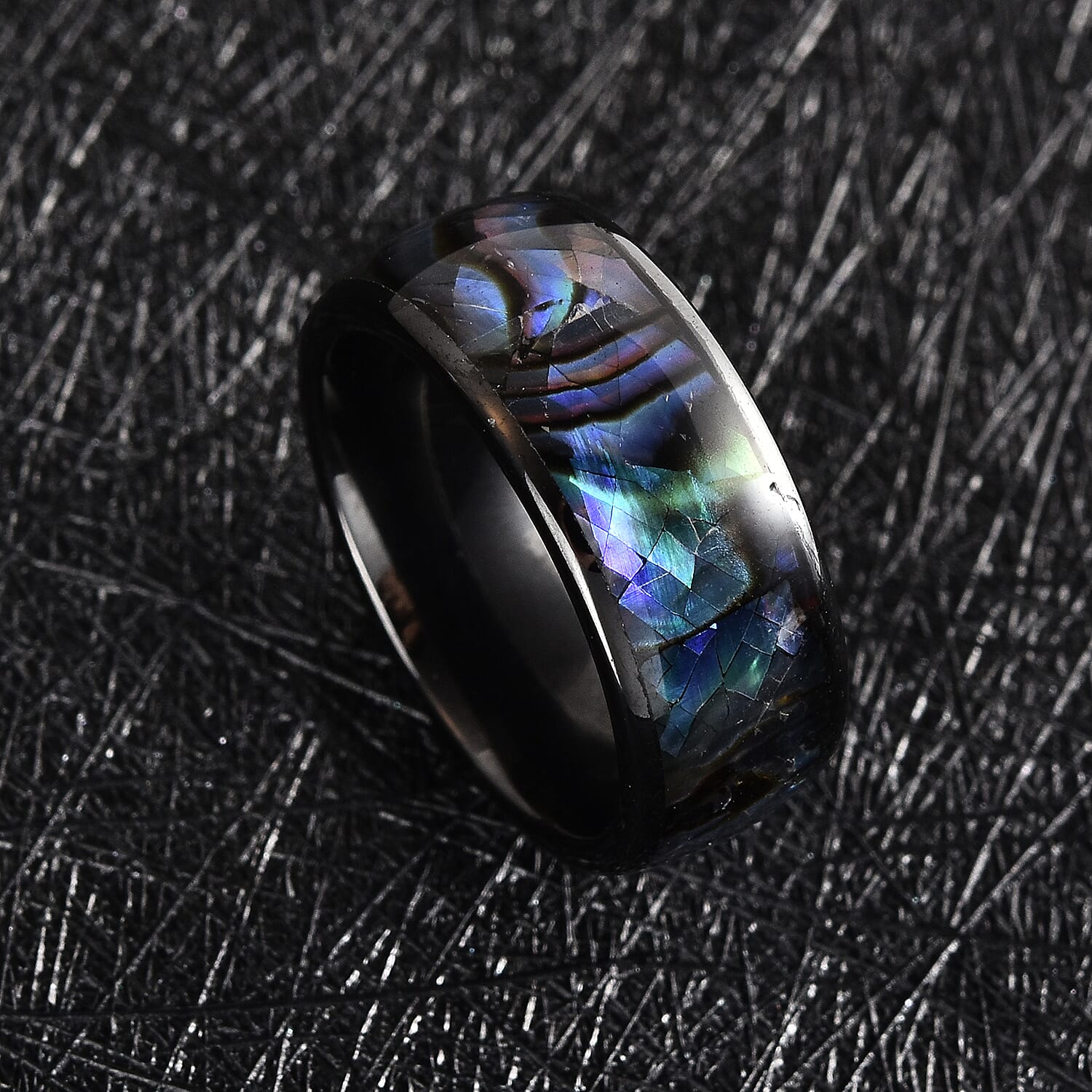 Abalone Shell and Black Color Ceramic Ring in Stainless Steel (Size 5.75)