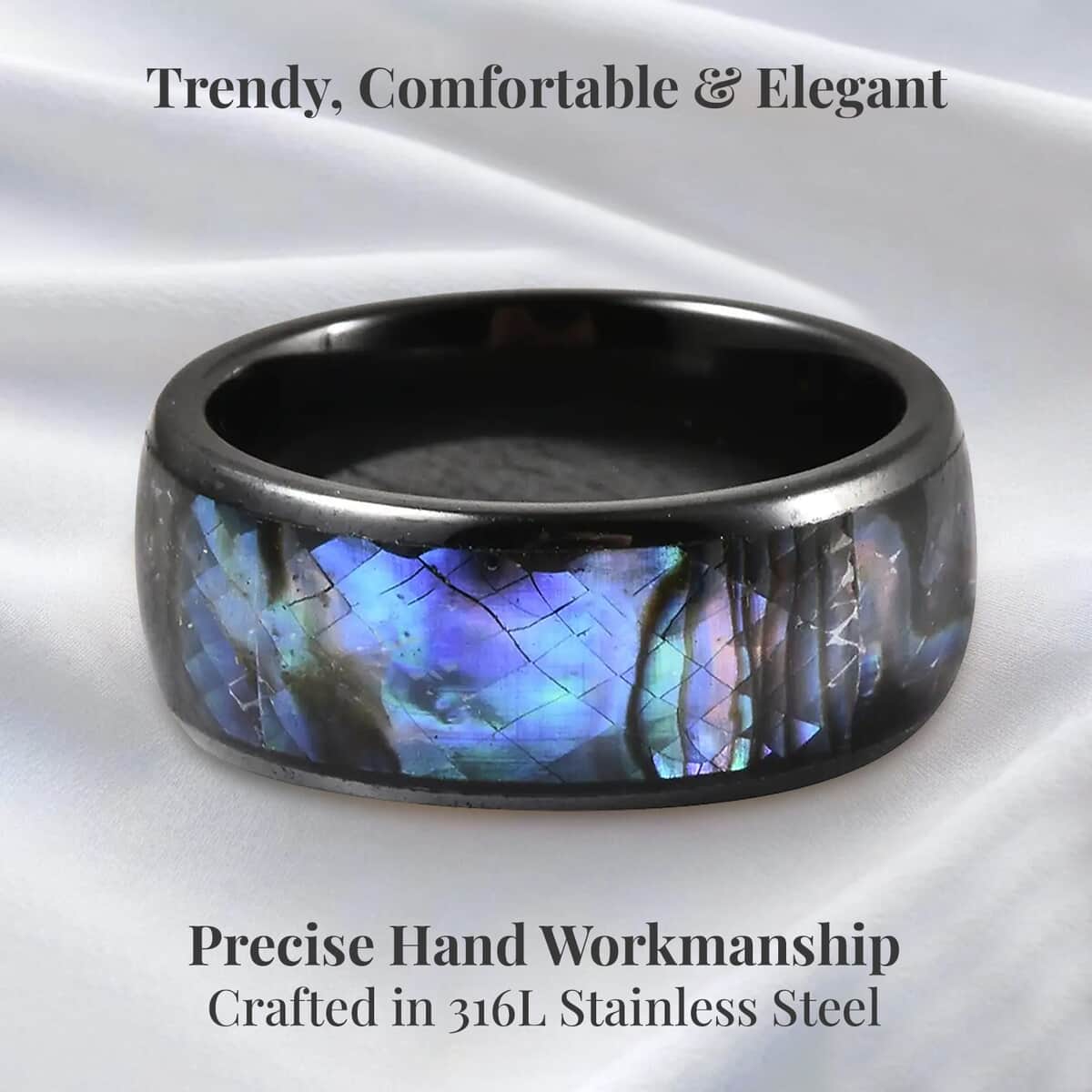 Abalone Shell and Black Color Ceramic Ring in Stainless Steel (Size 6.75) image number 3
