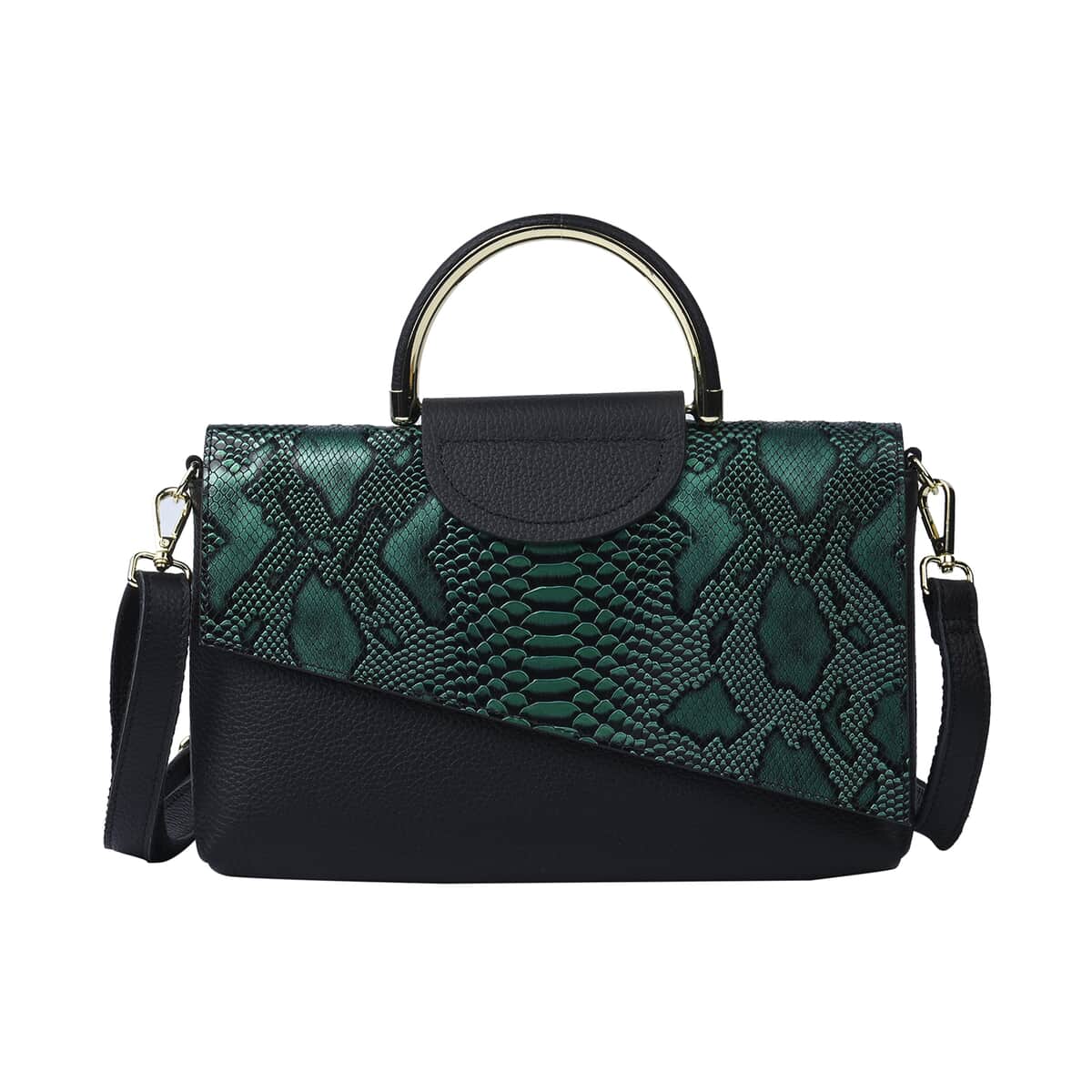 Hong Kong Closeout Collection Black and Green Snake Pattern Genuine Leather Convertible Bag (11.02"x1.18"x6.69") with Handle Drop and Shouder Srap image number 0