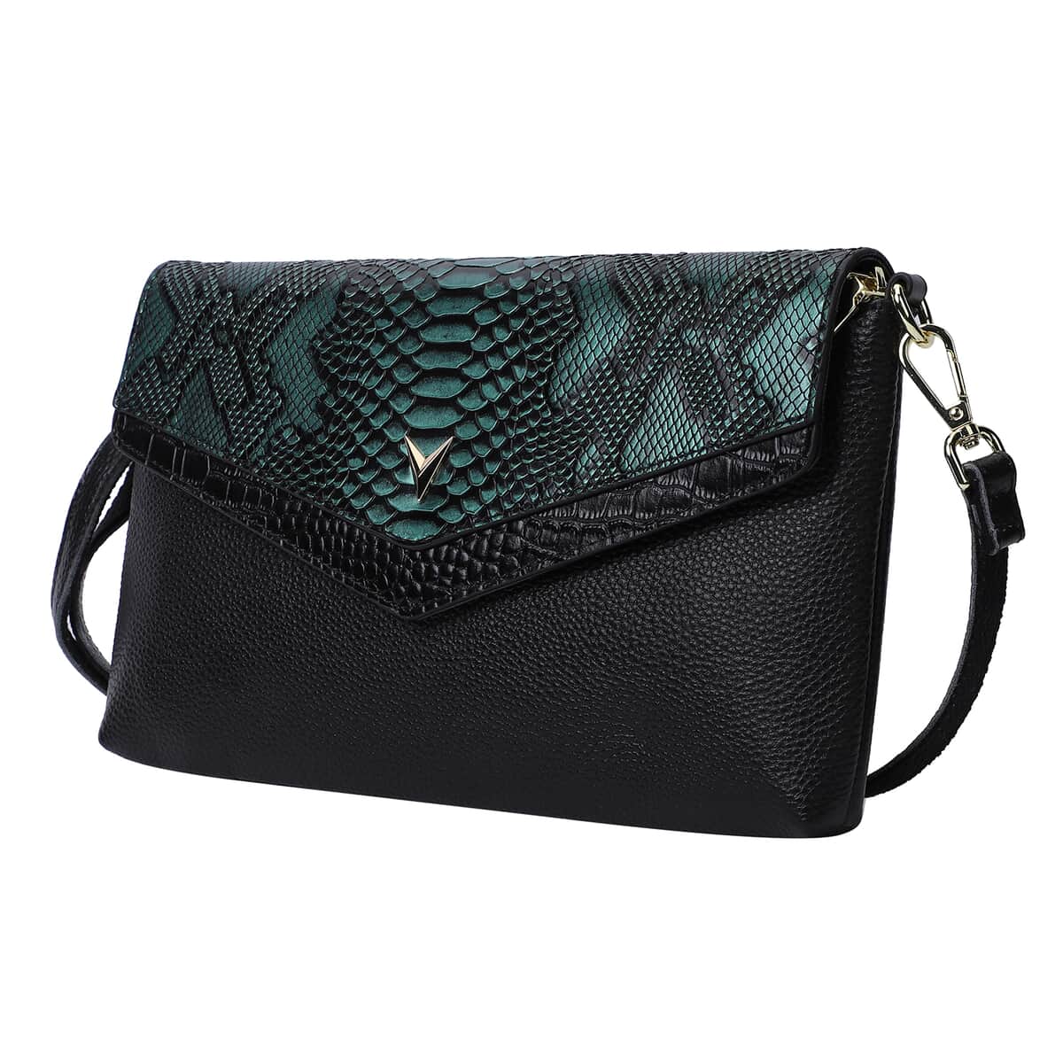 Hong Kong Closeout Collection Black and Green Snake Pattern Genuine Leather Convertible Bag (11.02"x1.18"x6.69") with Handle Drop and Shouder Srap image number 1