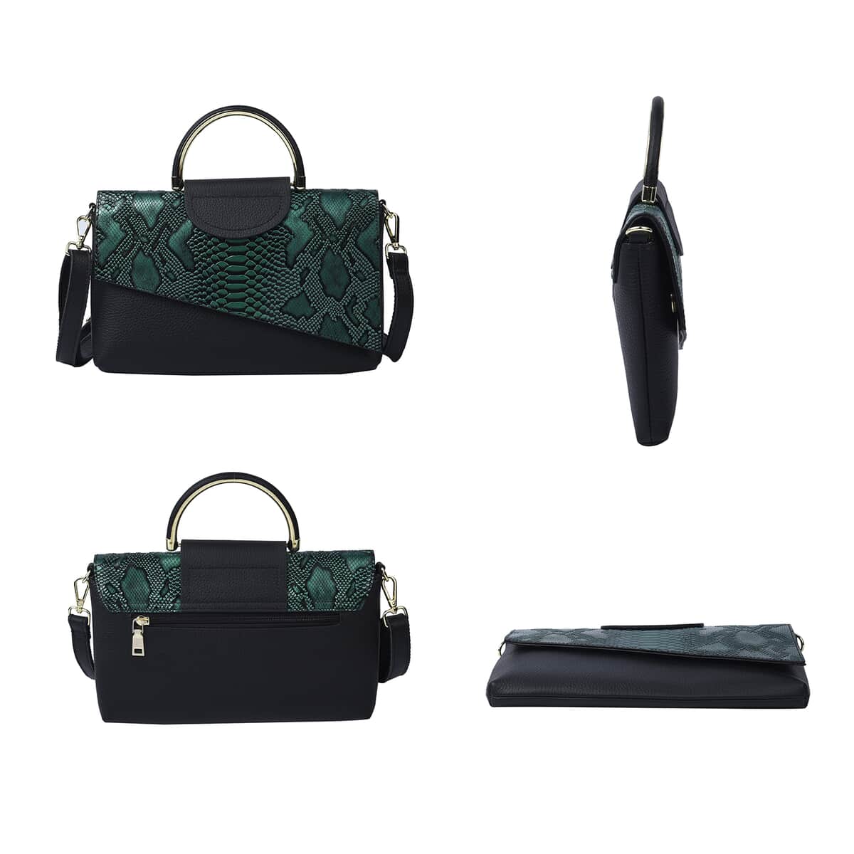 Hong Kong Closeout Collection Black and Green Snake Pattern Genuine Leather Convertible Bag (11.02"x1.18"x6.69") with Handle Drop and Shouder Srap image number 3