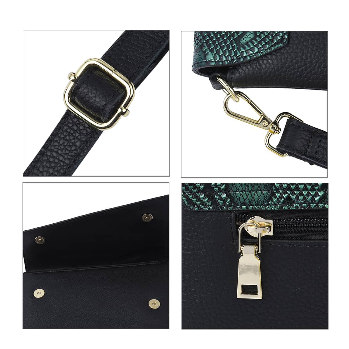 Hong Kong Closeout Collection Black and Green Snake Pattern Genuine Leather Convertible Bag (11.02"x1.18"x6.69") with Handle Drop and Shouder Srap image number 4