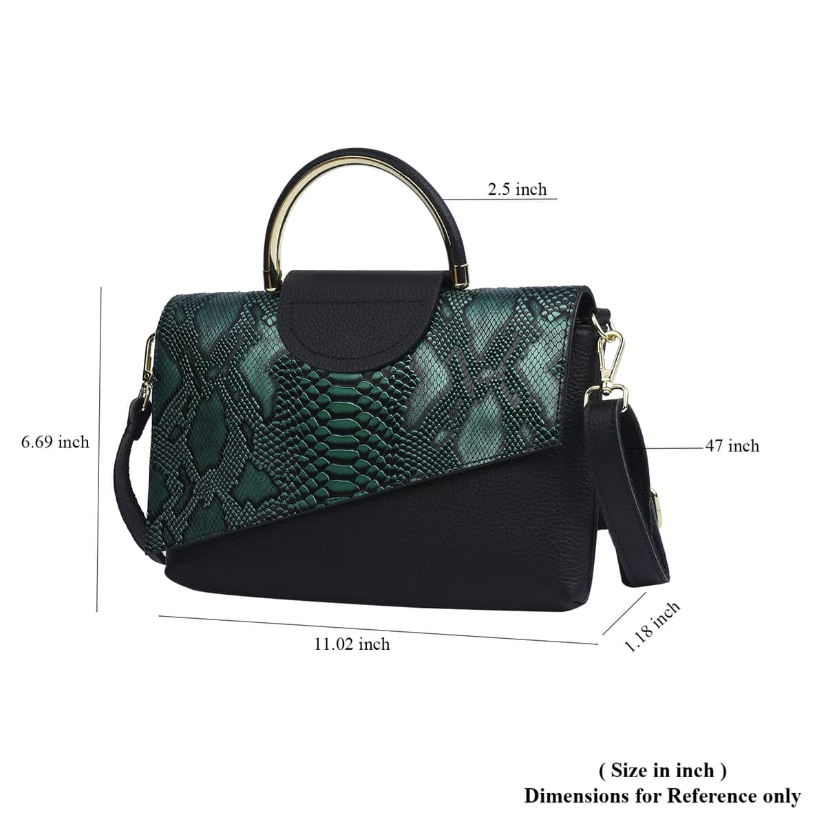 Hong Kong Closeout Collection Black and Green Snake Pattern Genuine Leather Convertible Bag (11.02"x1.18"x6.69") with Handle Drop and Shouder Srap image number 6