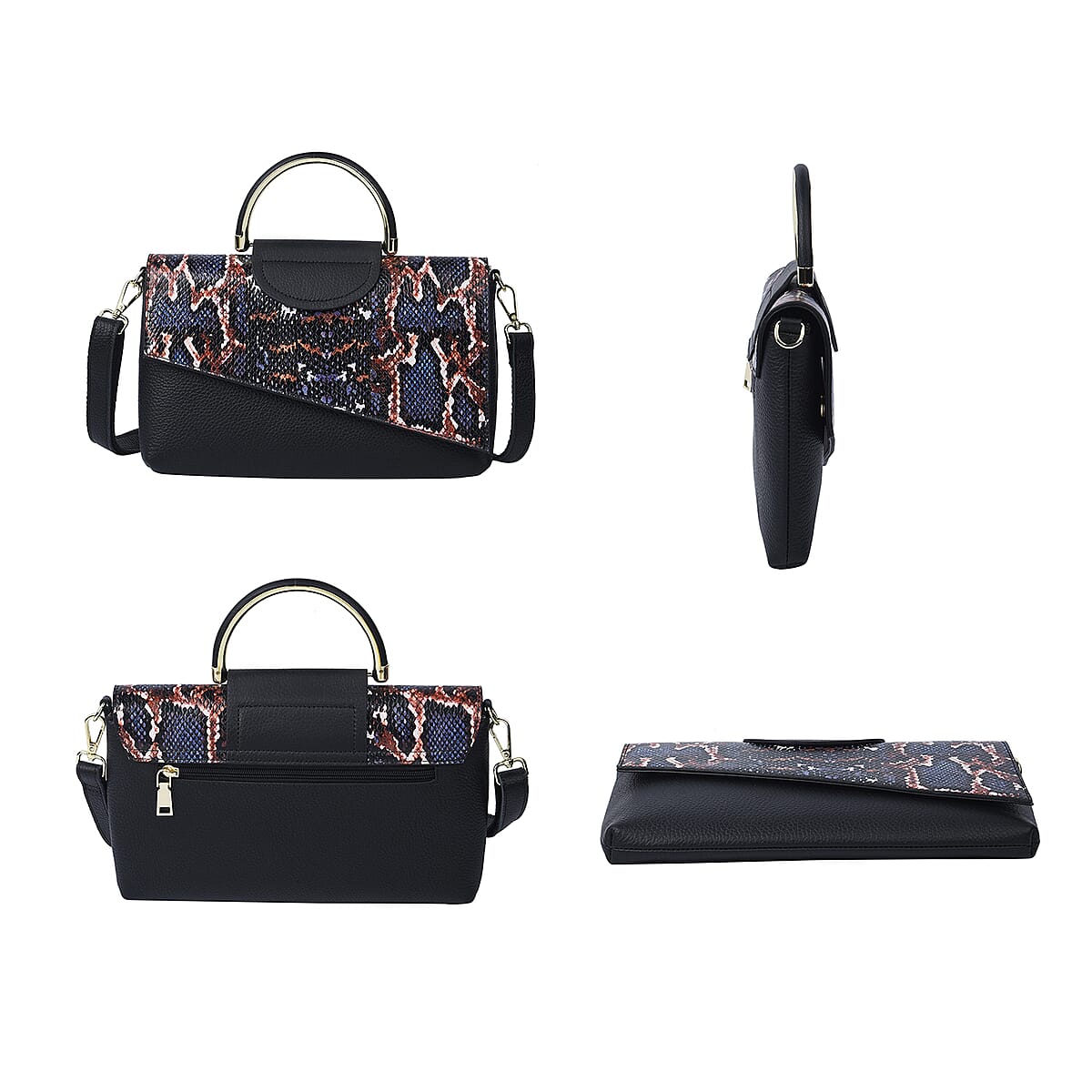 Hong Kong Closeout Collection Black and Purple Snake Pattern Genuine Leather Convertible Bag with Handle Drop and Shoulder Strap image number 1