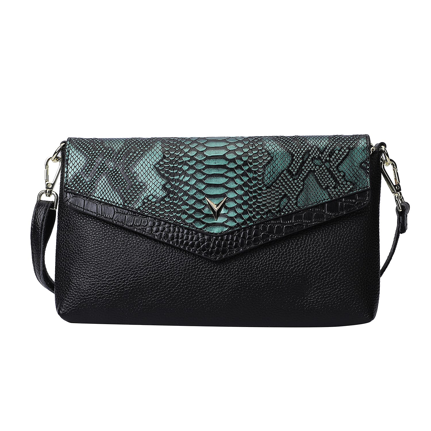 Hong Kong Closeout Collection Black and Green Snakeskin Pattern Genuine Leather Crossbody Bag with Shoulder Strap