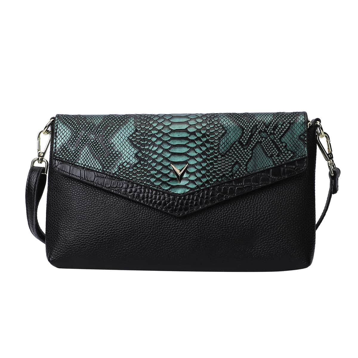 Hong Kong Closeout Collection Black Green Snakeskin Pattern Genuine Leather Crossbody Bag (11.02"x1.18"x6.69") with Shoulder Strap image number 0