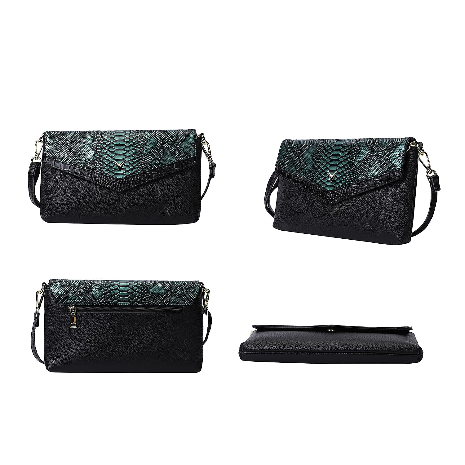 Hong Kong Closeout Collection Black and Green Snakeskin Pattern Genuine Leather Crossbody Bag with Shoulder Strap