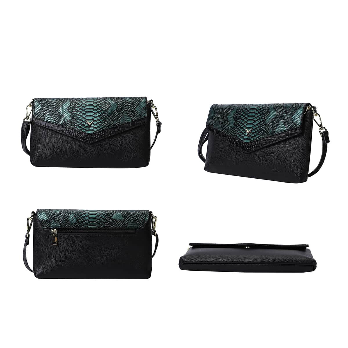 Hong Kong Closeout Collection Black Green Snakeskin Pattern Genuine Leather Crossbody Bag (11.02"x1.18"x6.69") with Shoulder Strap image number 3