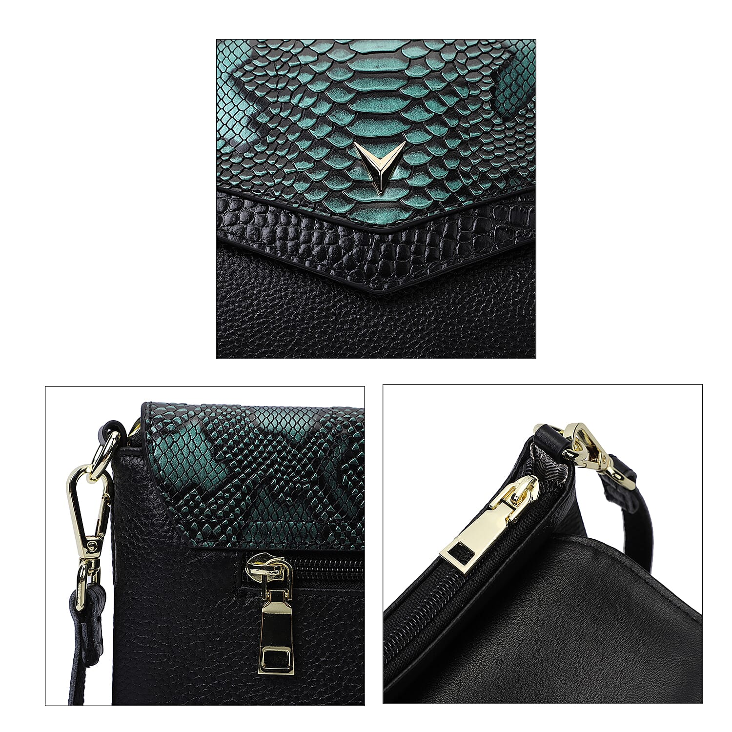 Hong Kong Closeout Collection Black and Green Snakeskin Pattern Genuine Leather Crossbody Bag with Shoulder Strap