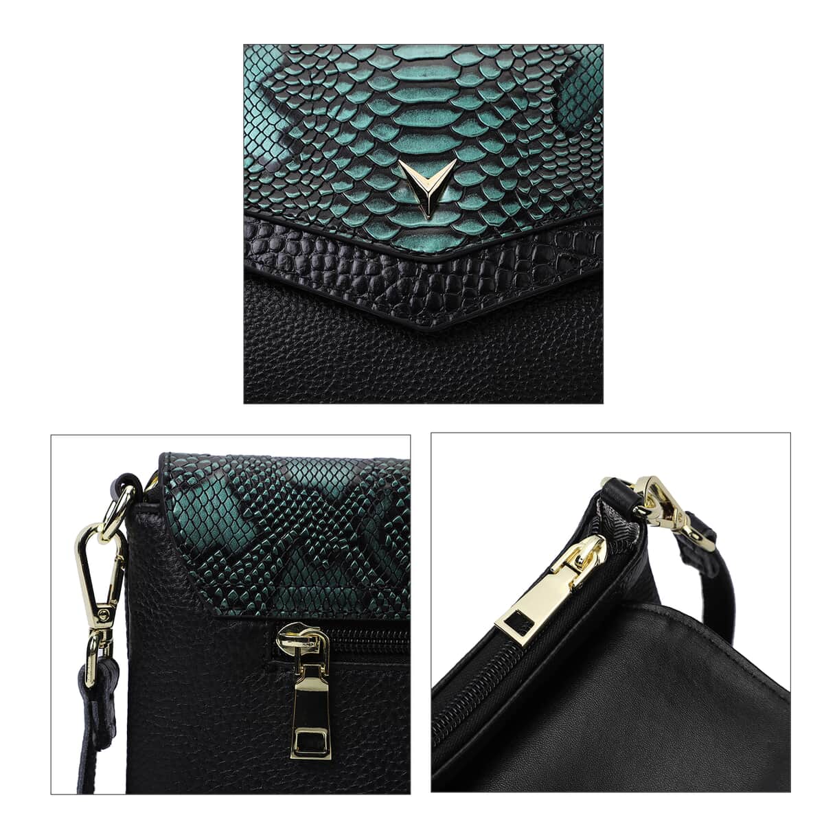 Hong Kong Closeout Collection Black Green Snakeskin Pattern Genuine Leather Crossbody Bag (11.02"x1.18"x6.69") with Shoulder Strap image number 4