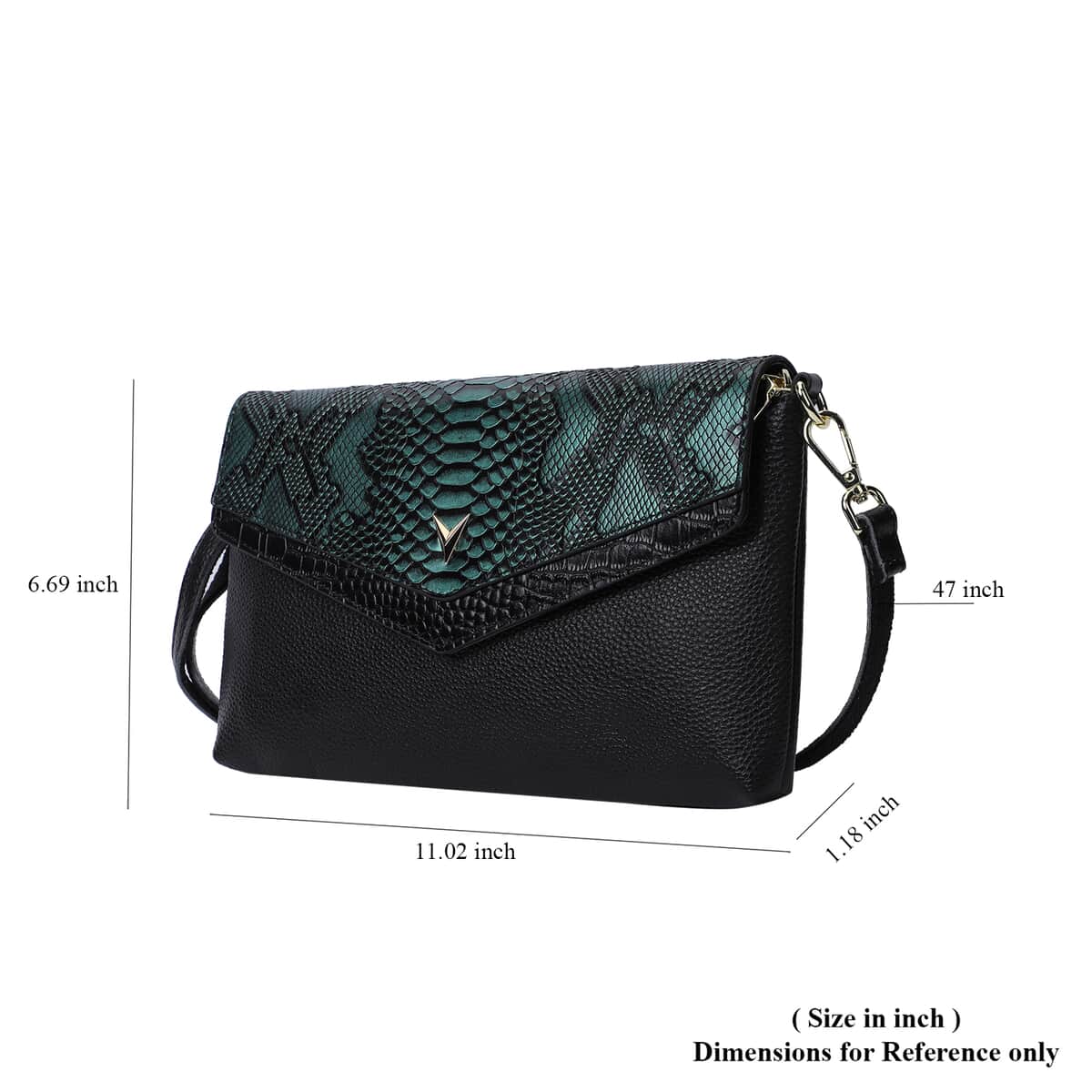 Hong Kong Closeout Collection Black Green Snakeskin Pattern Genuine Leather Crossbody Bag (11.02"x1.18"x6.69") with Shoulder Strap image number 6