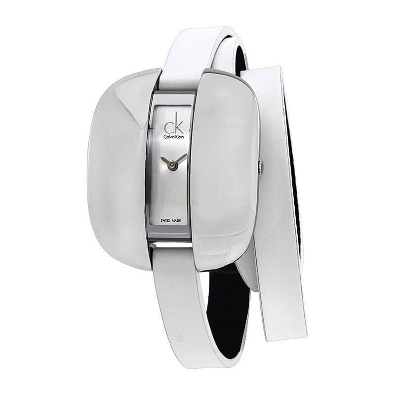 CALVIN KLEIN Treasure Swiss Movement White Genuine Leather Wrap Bracelet Strap Watch in Stainless Steel (41mm) | Designer Leather Watch | Analog Luxury Wristwatch