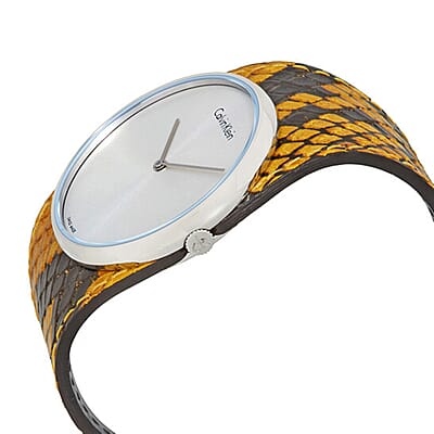 CALVIN KLEIN Spellbound Swiss Movement Orange Snake Embossed Genuine Leather Strap Watch in Stainless Steel (39mm)