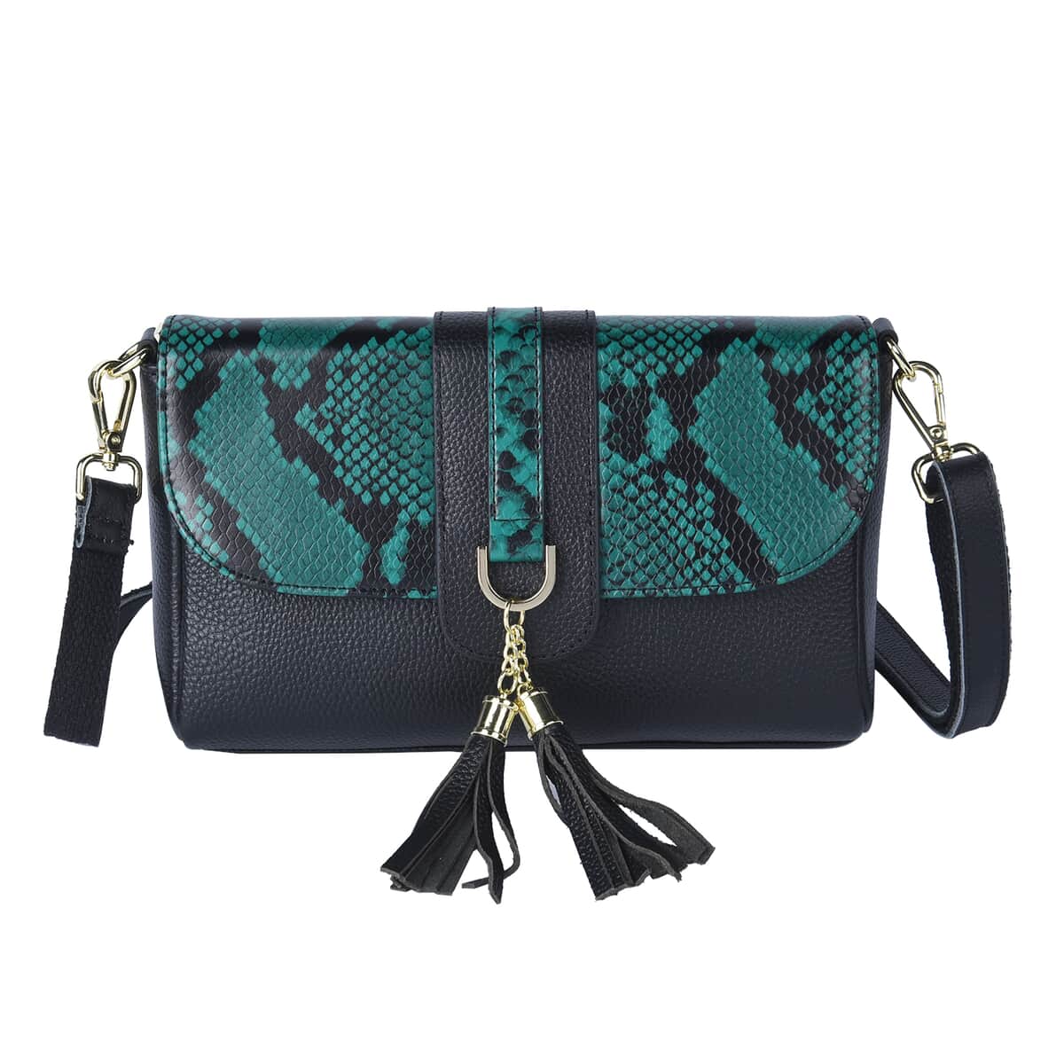 Hong Kong Closeout Collection Black and Green Snake Print Pattern Genuine Leather Crossbody Bag with Tassel image number 0
