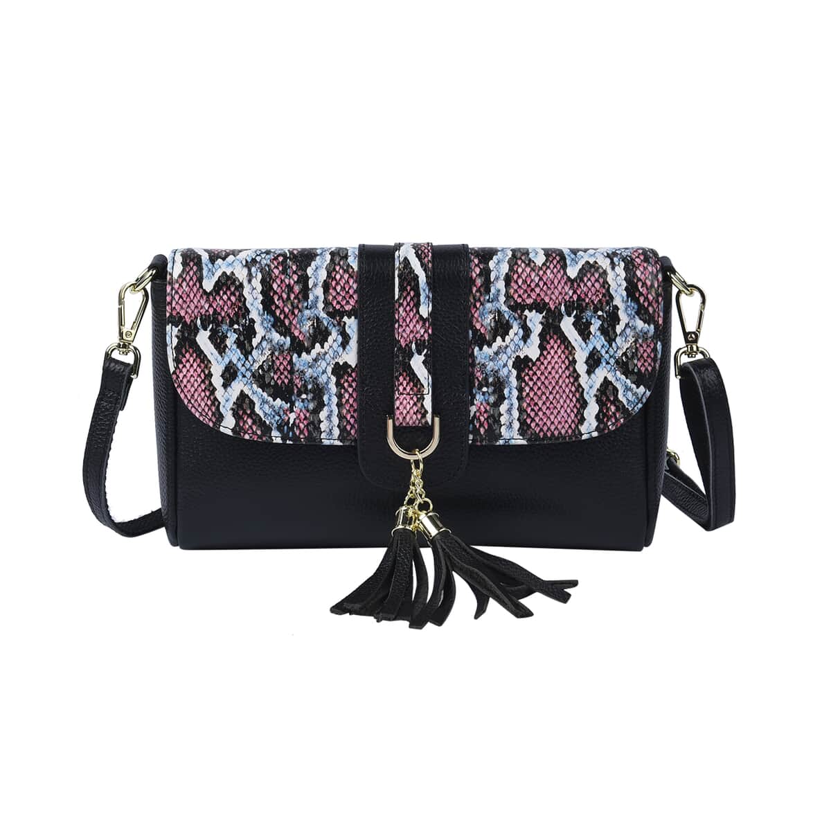 Black and Pink Snake Print Pattern Genuine Leather Crossbody Bag for Women with Tassel | Shoulder Purse | Crossbody Handbags| Crossbody Purse image number 0