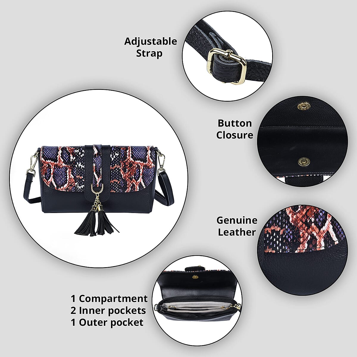 Black and Purple Snake Print Pattern Genuine Leather Crossbody Bag with Tassel, Shoulder Purse, Crossbody Handbags image number 1