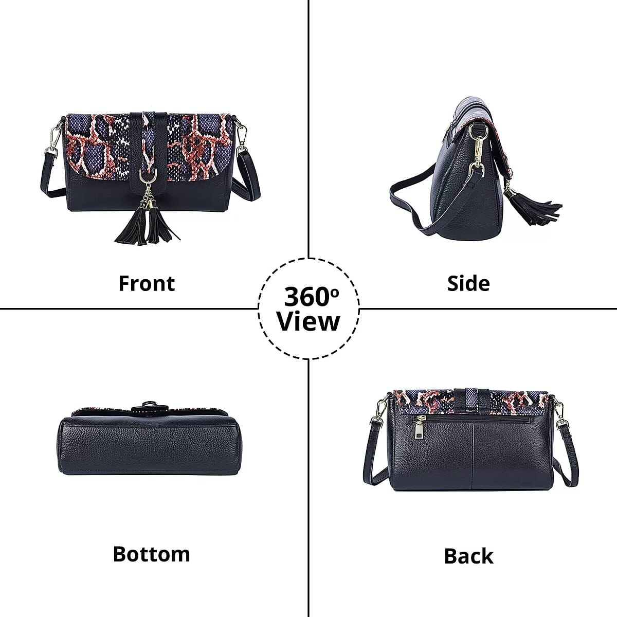 Black and Purple Snake Print Pattern Genuine Leather Crossbody Bag with Tassel, Shoulder Purse, Crossbody Handbags image number 2