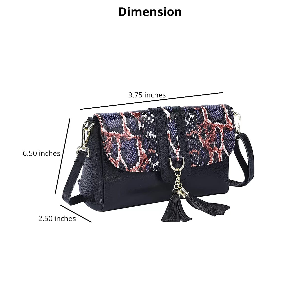 Black and Purple Snake Print Pattern Genuine Leather Crossbody Bag with Tassel, Shoulder Purse, Crossbody Handbags image number 3