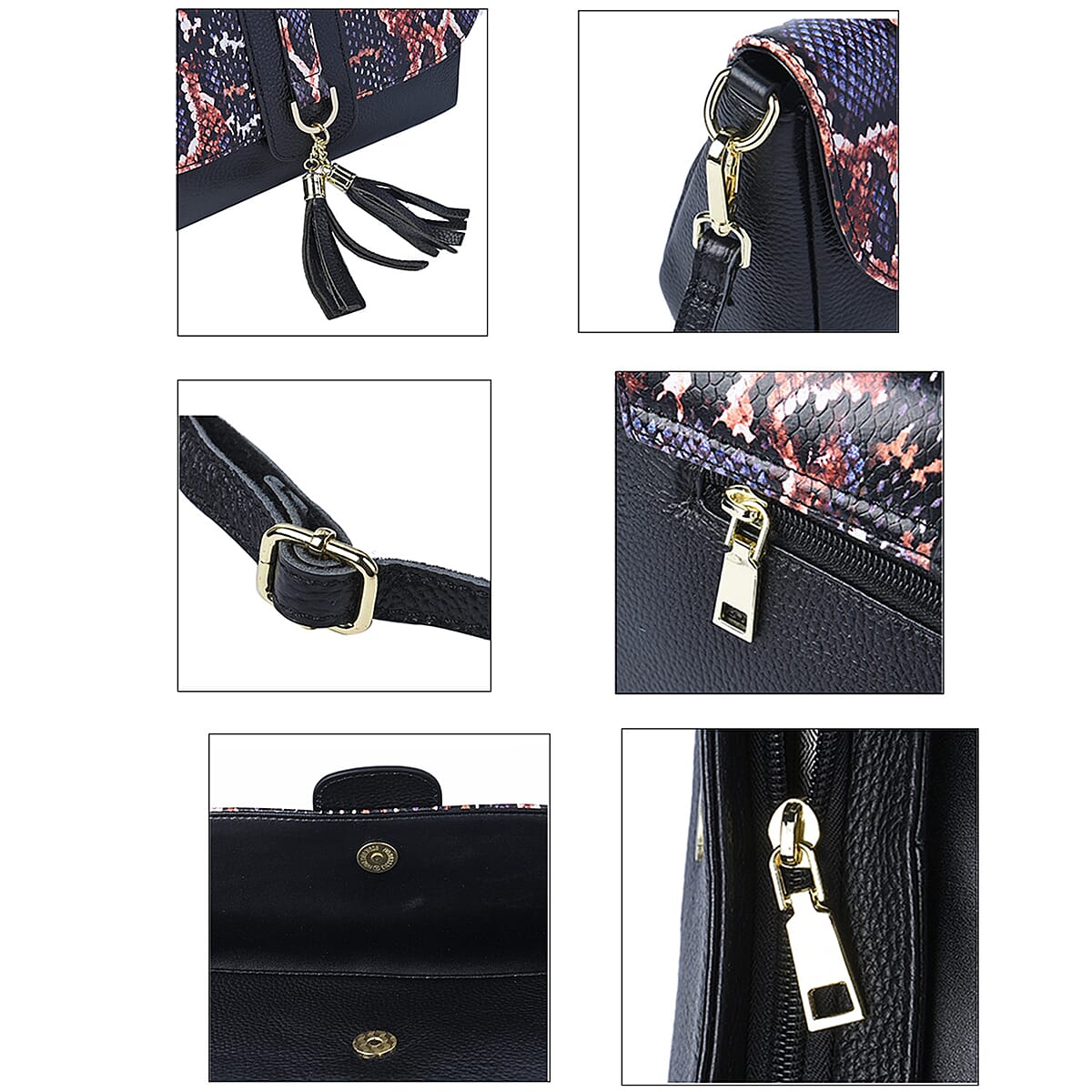 Black and Purple Snake Print Pattern Genuine Leather Crossbody Bag with Tassel, Shoulder Purse, Crossbody Handbags image number 4