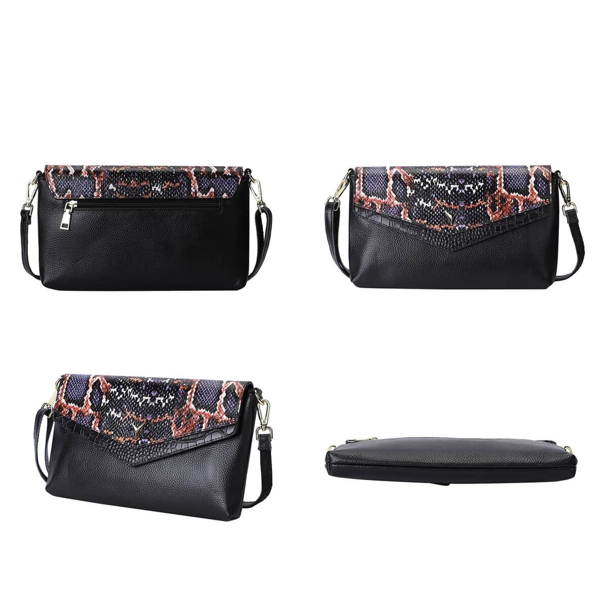 Hong Kong Closeout Collection Black and Purple Snakeskin Pattern Genuine Leather Crossbody Bag with Shoulder Strap image number 3