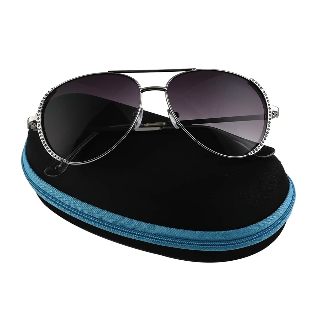 NY CLOSEOUT SolarX UV 400 Black Gradient Aviator Rhinestone Sunglasses with Case -Silvertone image number 3