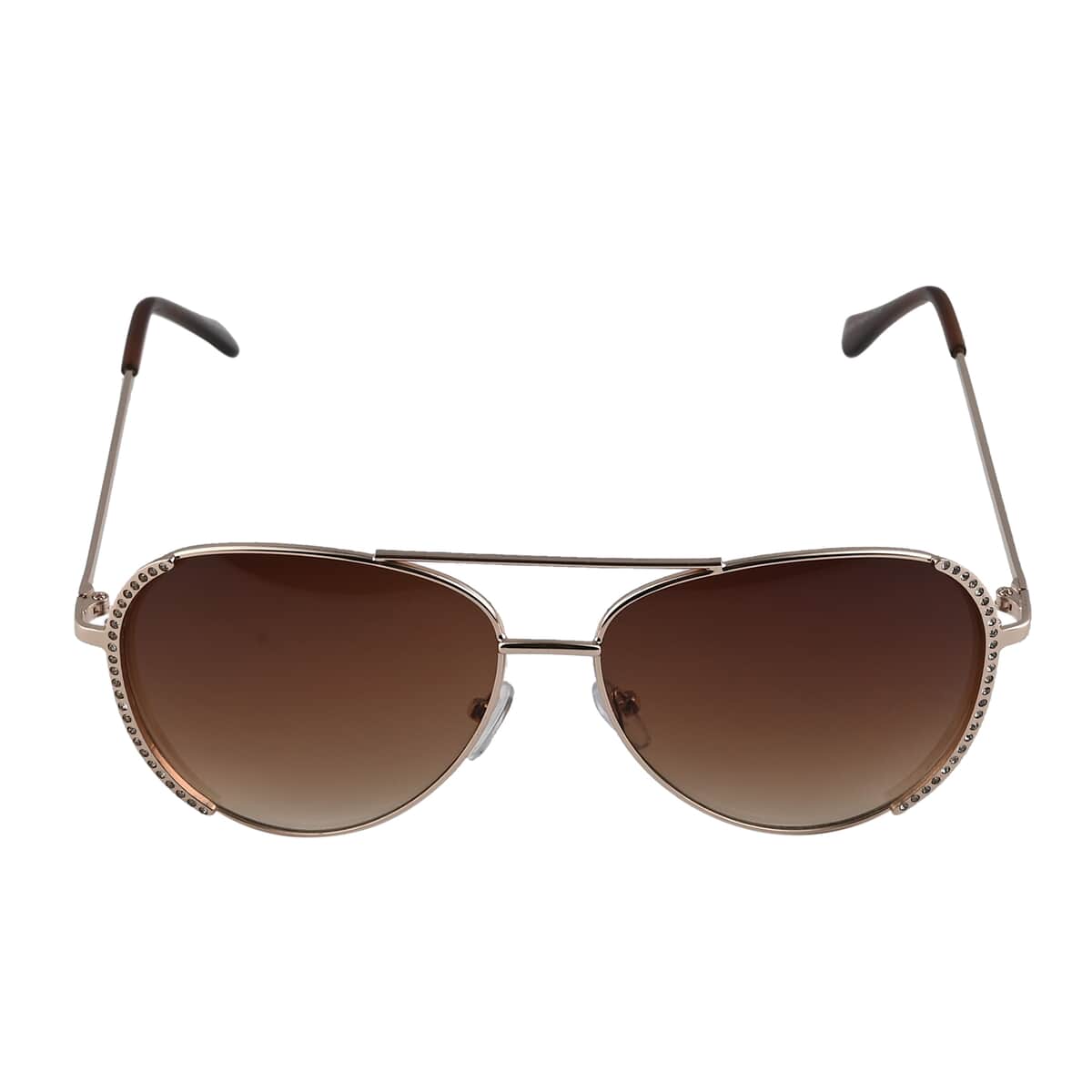 NY CLOSEOUT SolarX UV 400 Brown Gradient Aviator Rhinestone Sunglasses with Hard Shell Case -Rosetone image number 0