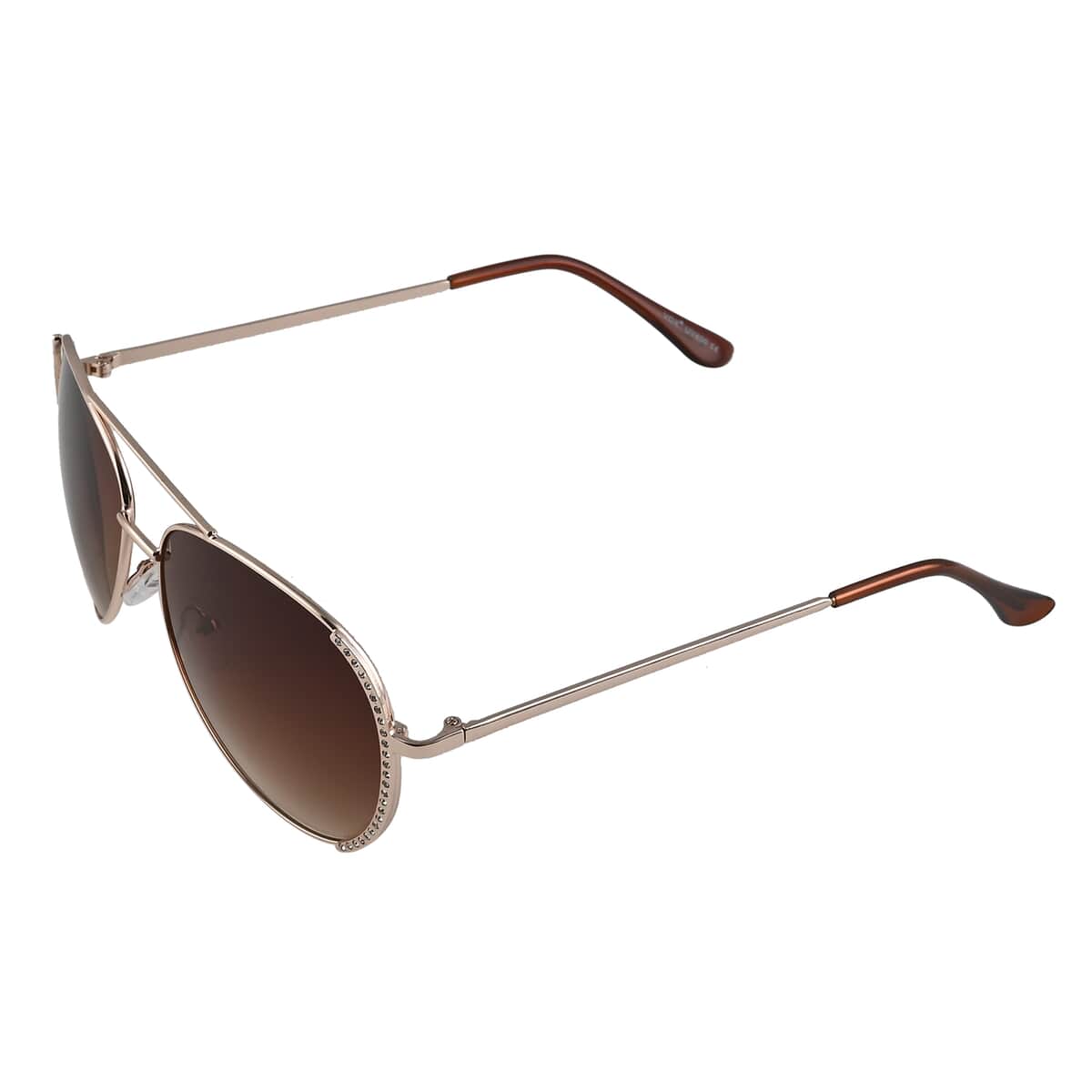 NY CLOSEOUT SolarX UV 400 Brown Gradient Aviator Rhinestone Sunglasses with Hard Shell Case -Rosetone image number 1