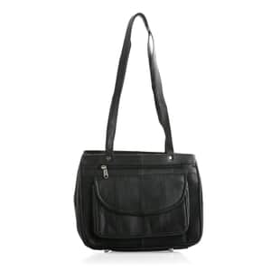 Black Genuine Leather Shoulder Bag with RFID Protection Front Pocket