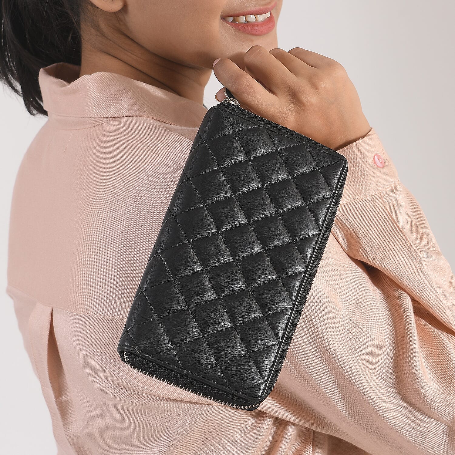 Designer Inspired RFID Genuine Leather Quilted Zip Around Clutch Wallet  Black