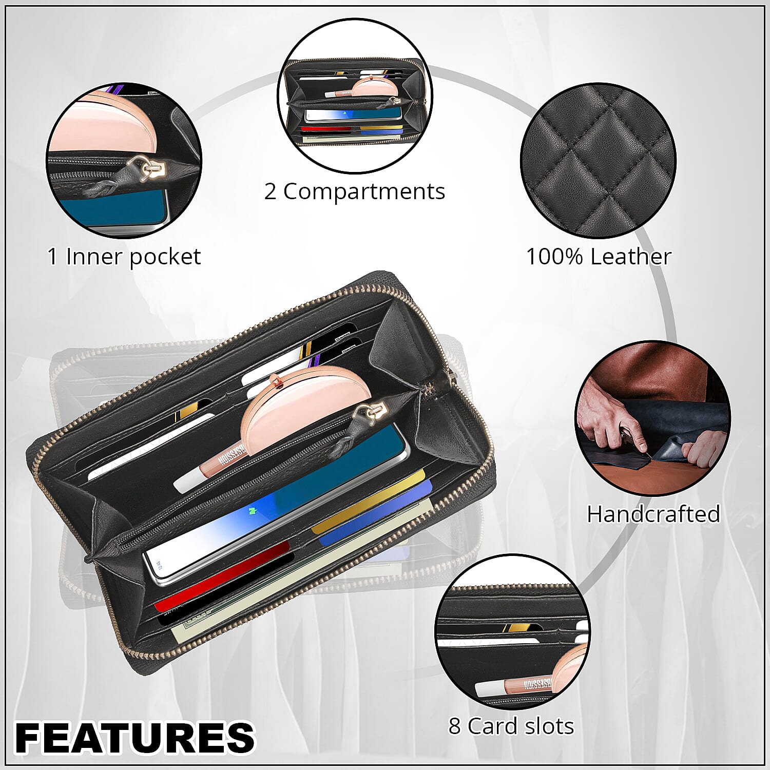 Designer Inspired RFID Genuine Leather Quilted Zip Around Clutch Wallet  Black