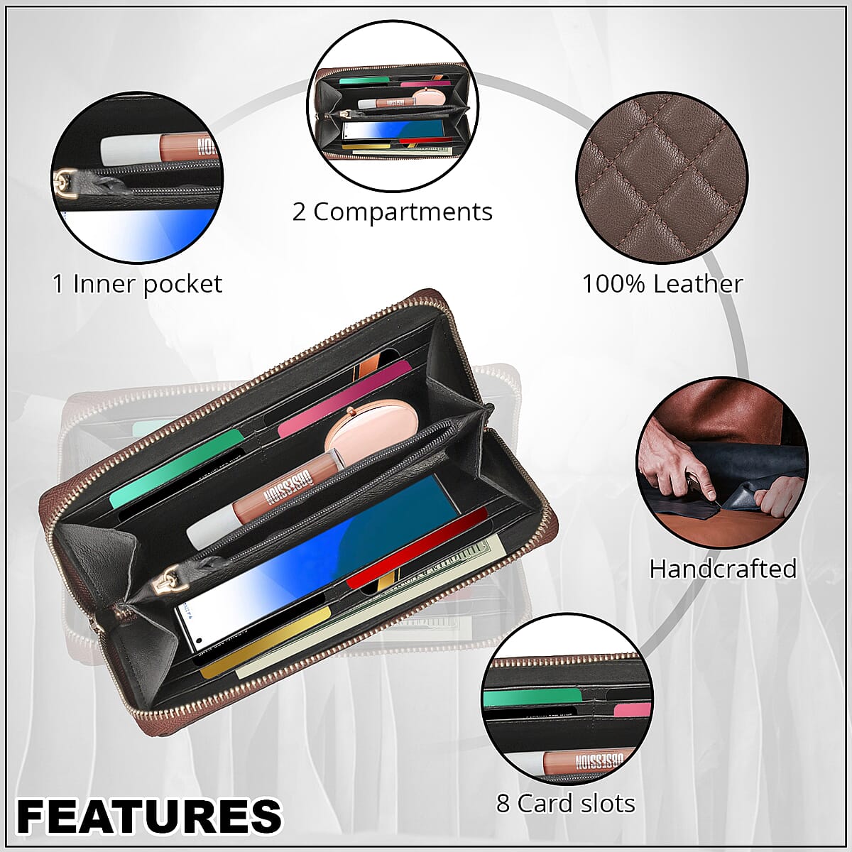 Designer Inspired RFID Genuine Leather Quilted Zip Around Clutch Wallet (7.2"x4.5") Black image number 4