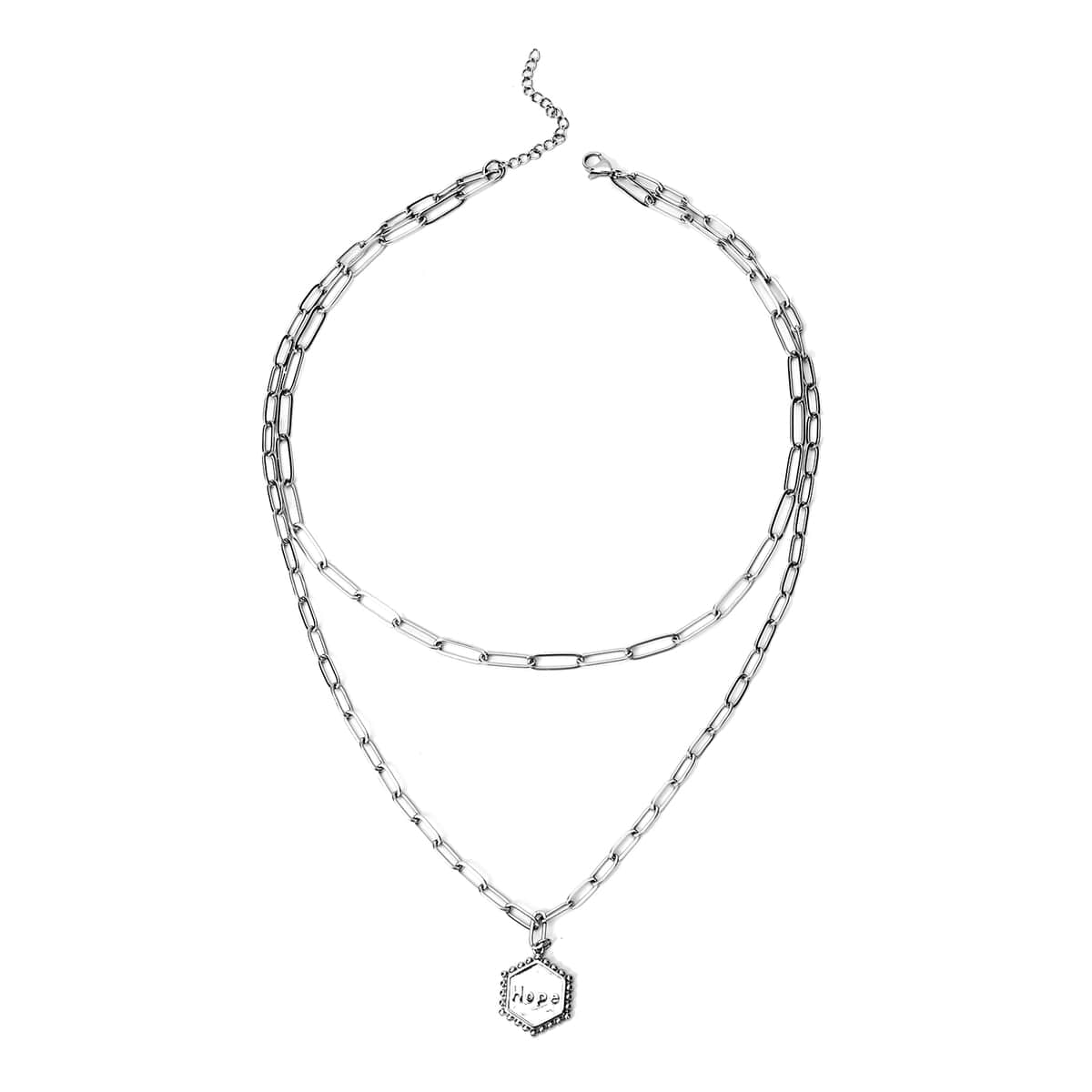 Hexagonal Hope Charm Layered Paper Clip Necklace 16.5-20 Inches in Stainless Steel image number 0