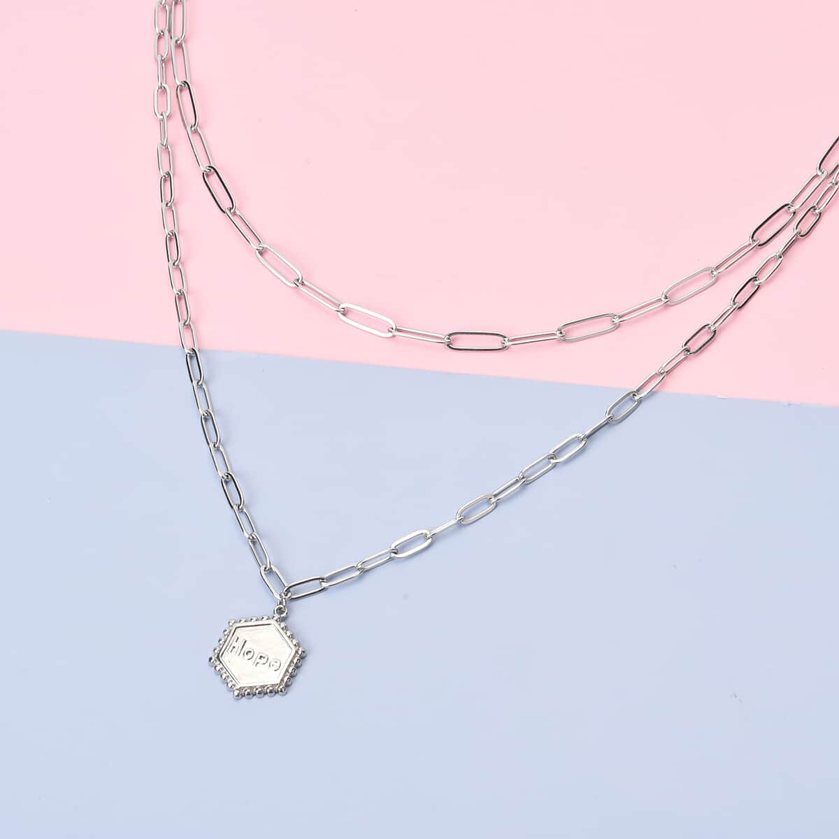 Hexagonal Hope Charm Layered Paper Clip Necklace 16.5-20 Inches in Stainless Steel image number 1