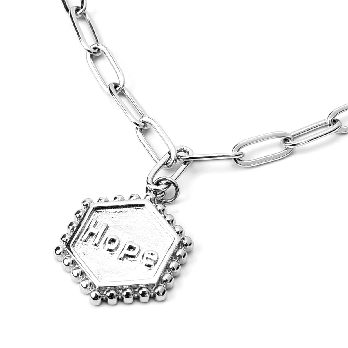 Hexagonal Hope Charm Layered Paper Clip Necklace 16.5-20 Inches in Stainless Steel image number 2