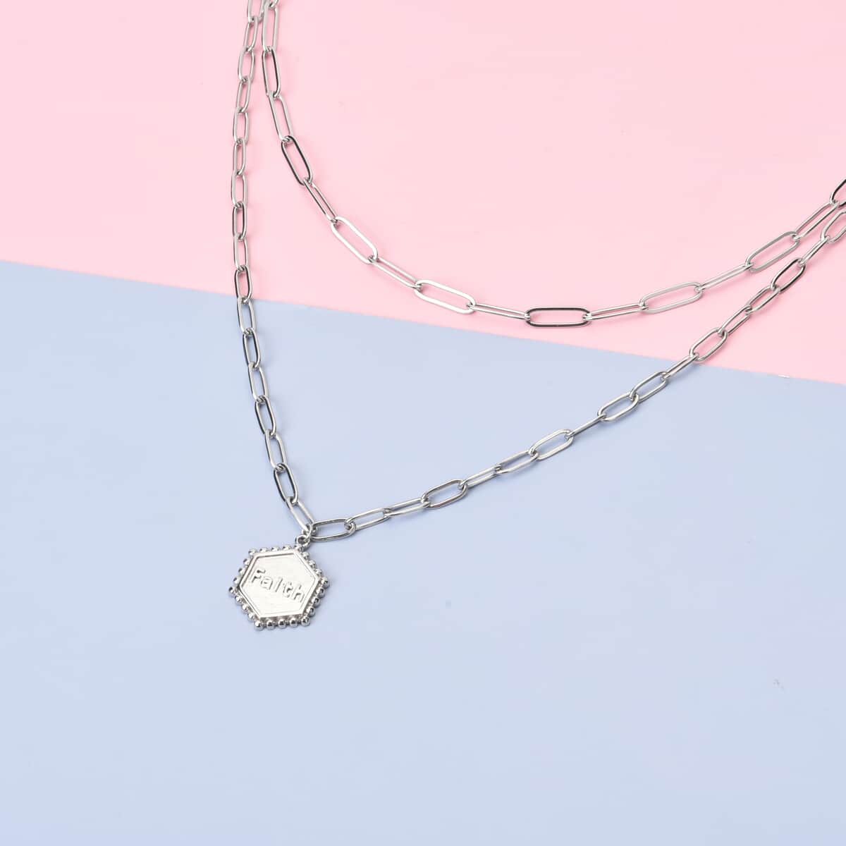 Hexagonal Faith Charm Layered Paper Clip Necklace 16.5-20 Inches in Stainless Steel image number 1