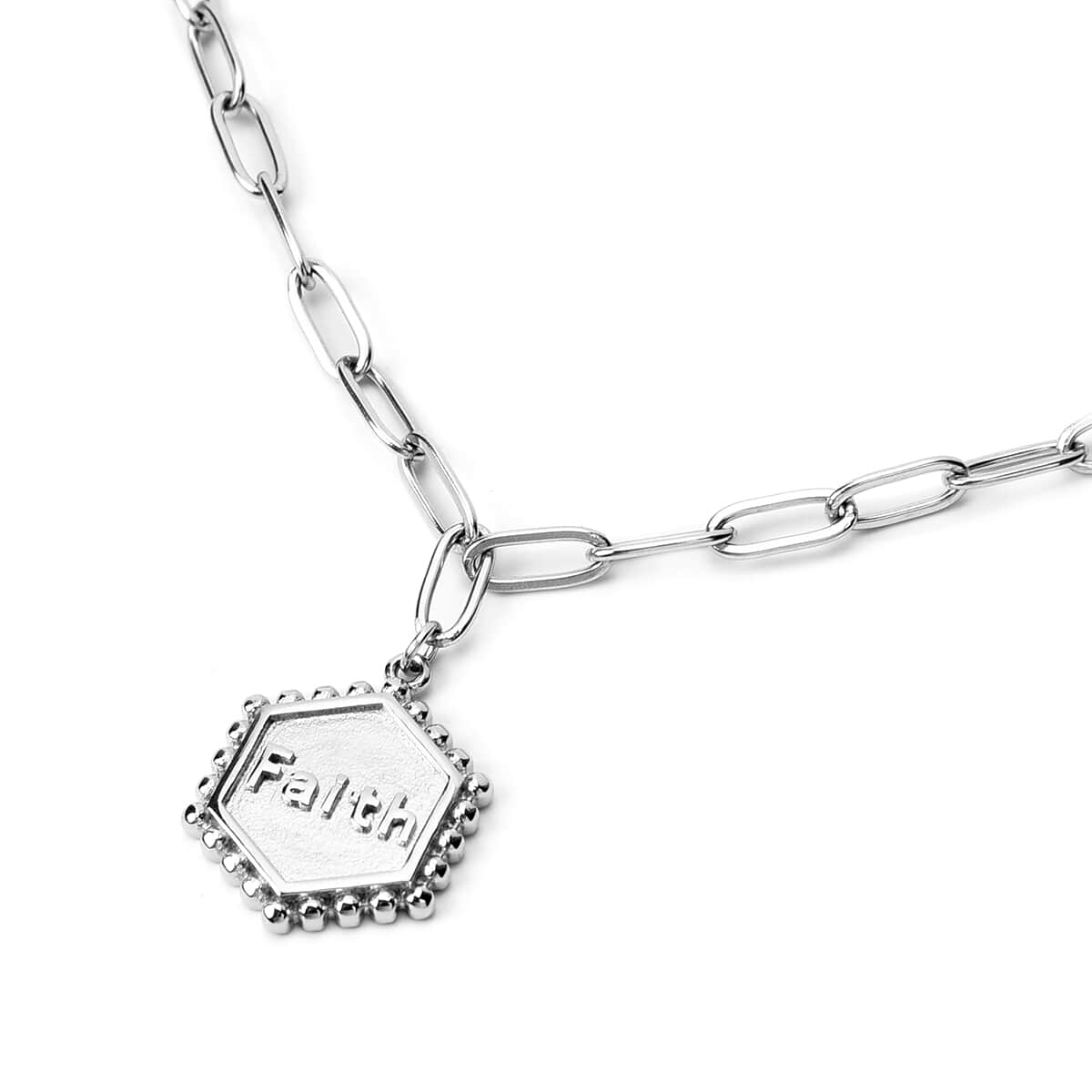 Hexagonal Faith Charm Layered Paper Clip Necklace 16.5-20 Inches in Stainless Steel image number 2