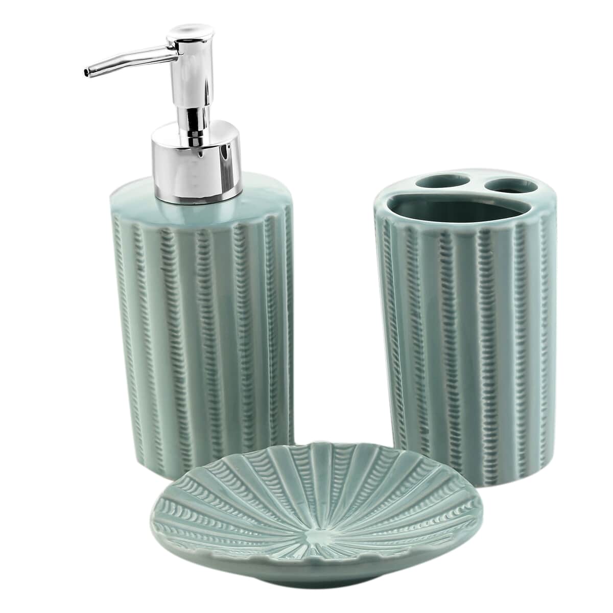 Green Stripe 3pc Bath Ceramic Solution Set (Toothbrush Holder, Liquid Pump Dispenser & Soap Dish) image number 0