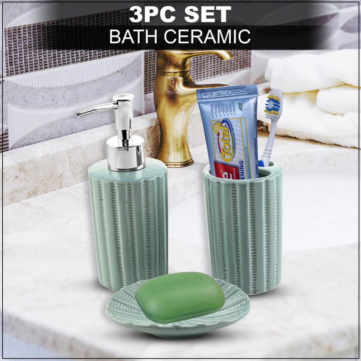 Green Stripe 3pc Bath Ceramic Solution Set (Toothbrush Holder, Liquid Pump Dispenser & Soap Dish) image number 1